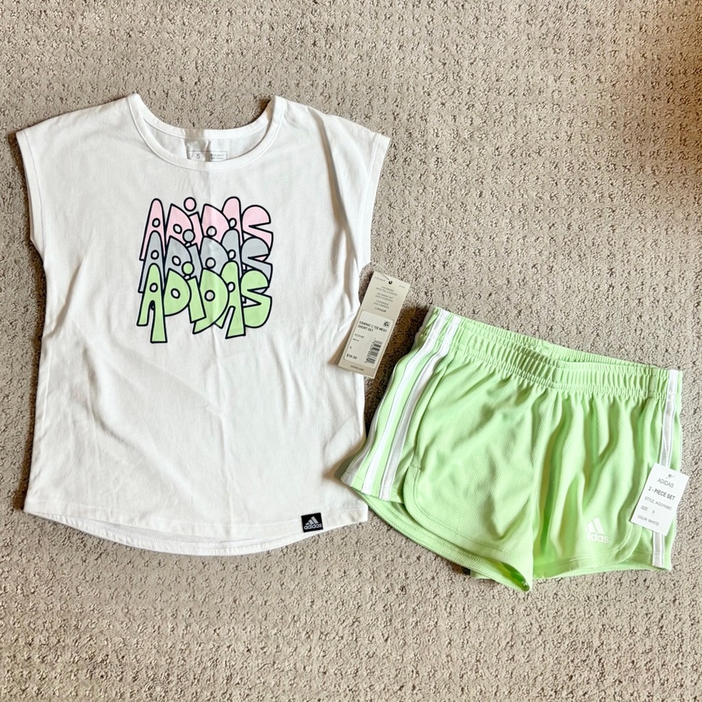 NWT Adidas Girls Graphic Tee and Mesh Short Set Size 5